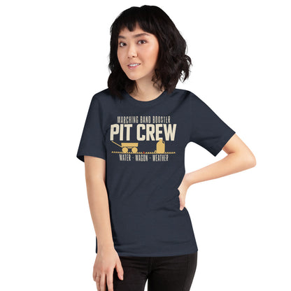 Pit Crew marching band booster t-shirt — Heather Navy, on model