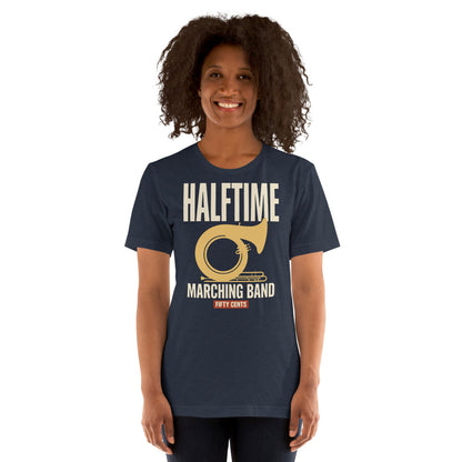 Official Halftime vintage marching band t-shirt — Heather Navy, on model