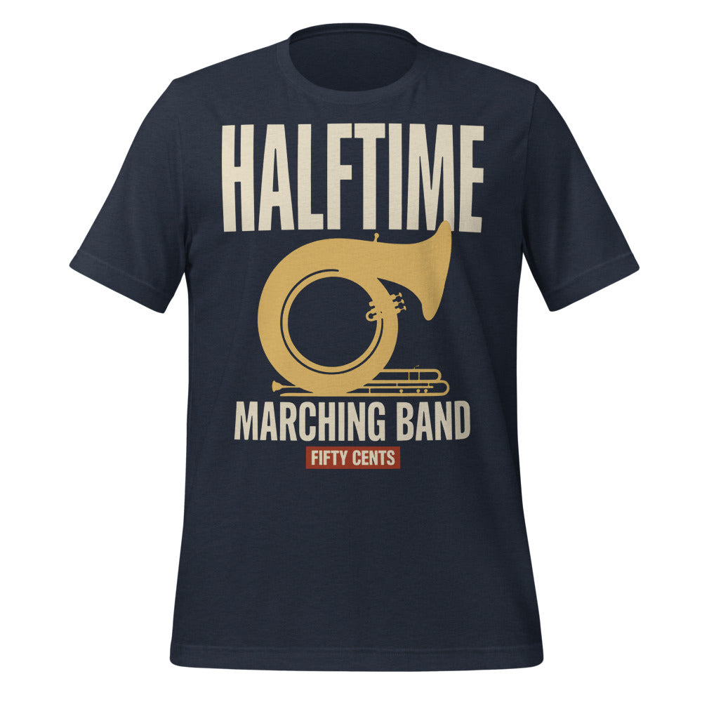 Official Halftime vintage marching band t-shirt — Heather Navy, front