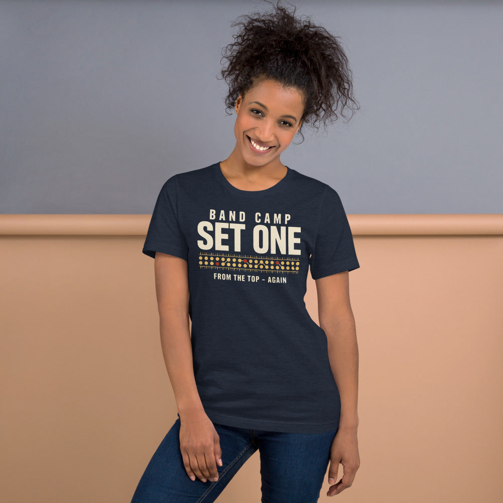 Set One marching band drill chart t-shirt — Heather Navy, on model