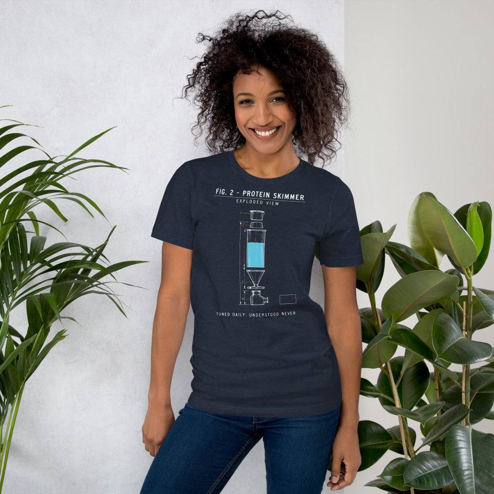 Protein Skimmer Exploded View reef tank saltwater aquarium t-shirt — Heather Navy, on model