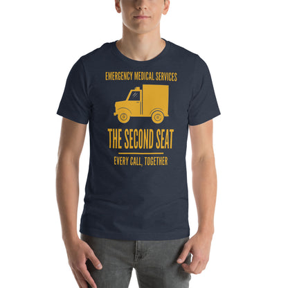 The Second Seat EMS paramedic tee — Heather Navy, on model