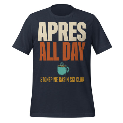 Après All Day Stonepine Basin Ski Club retro apres-ski t-shirt — Heather Navy, front