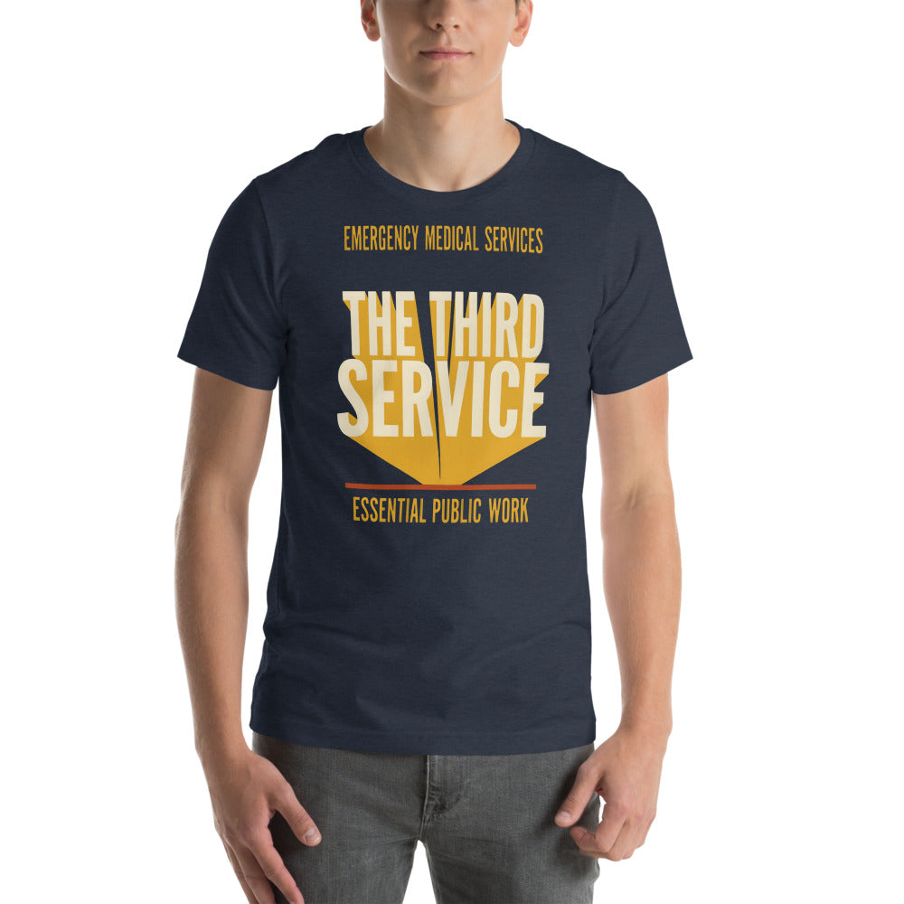 The Third Service EMS t-shirt — Heather Navy, on model