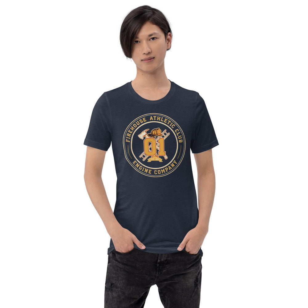 Firehouse Athletic Club retro firefighter emblem tee — Heather Navy, on model