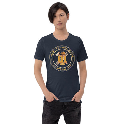 Firehouse Athletic Club retro firefighter emblem tee — Heather Navy, on model