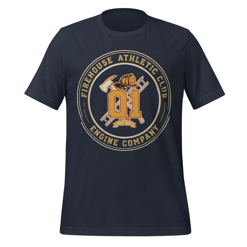 Firehouse Athletic Club retro firefighter emblem tee — Heather Navy, front