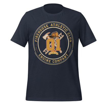 Firehouse Athletic Club retro firefighter emblem tee — Heather Navy, front