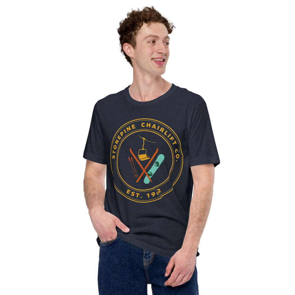 Stonepine Chairlift Co. retro vintage ski club badge t-shirt — Heather Navy, on model