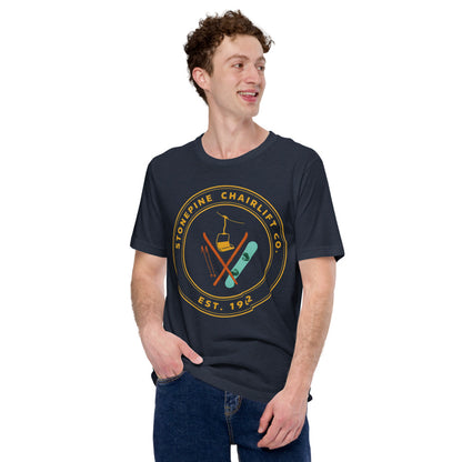 Stonepine Chairlift Co. retro vintage ski club badge t-shirt — Heather Navy, on model