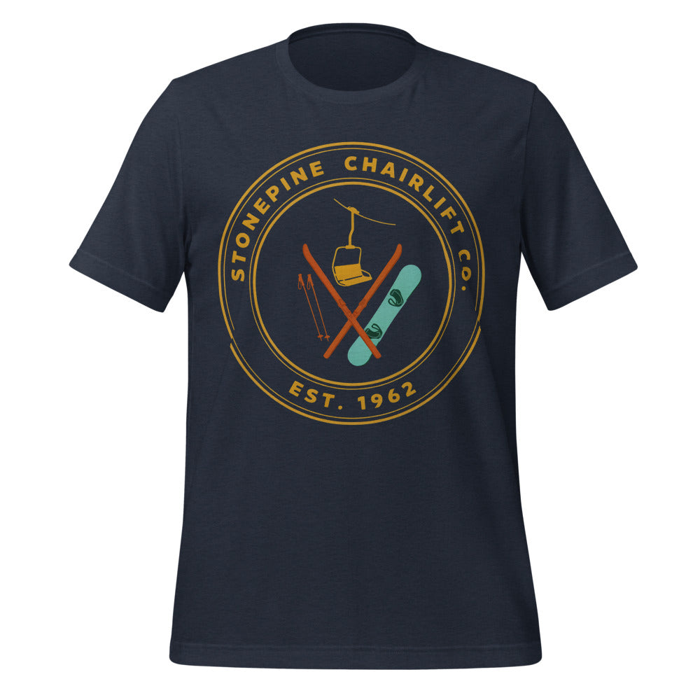 Stonepine Chairlift Co. retro vintage ski club badge t-shirt — Heather Navy, front
