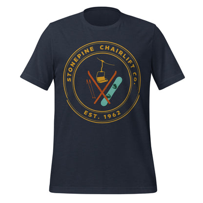 Stonepine Chairlift Co. retro vintage ski club badge t-shirt — Heather Navy, front