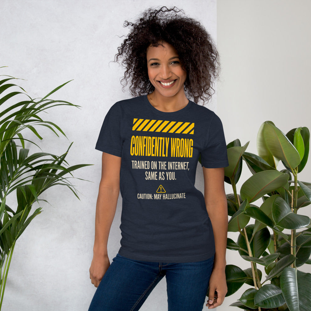 Confidently Wrong AI hazard-label unisex t-shirt — Heather Navy, on model