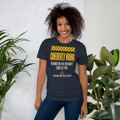 Confidently Wrong AI hazard-label unisex t-shirt — Heather Navy, on model