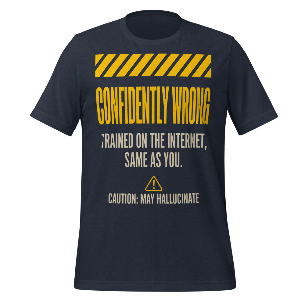 Confidently Wrong AI hazard-label unisex t-shirt — Heather Navy, front
