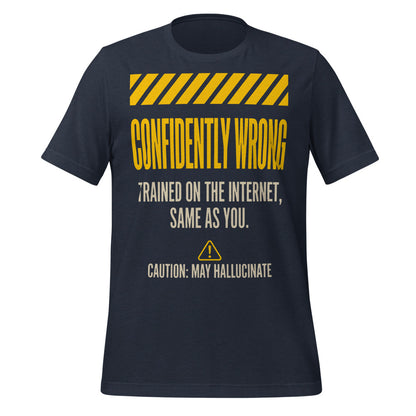 Confidently Wrong AI hazard-label unisex t-shirt — Heather Navy, front