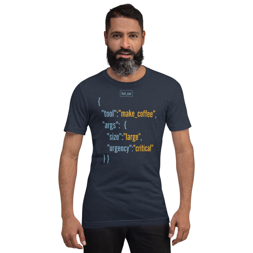 Tool Call Make Coffee AI engineer tee — Heather Navy, on model