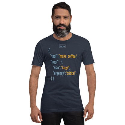 Tool Call Make Coffee AI engineer tee — Heather Navy, on model
