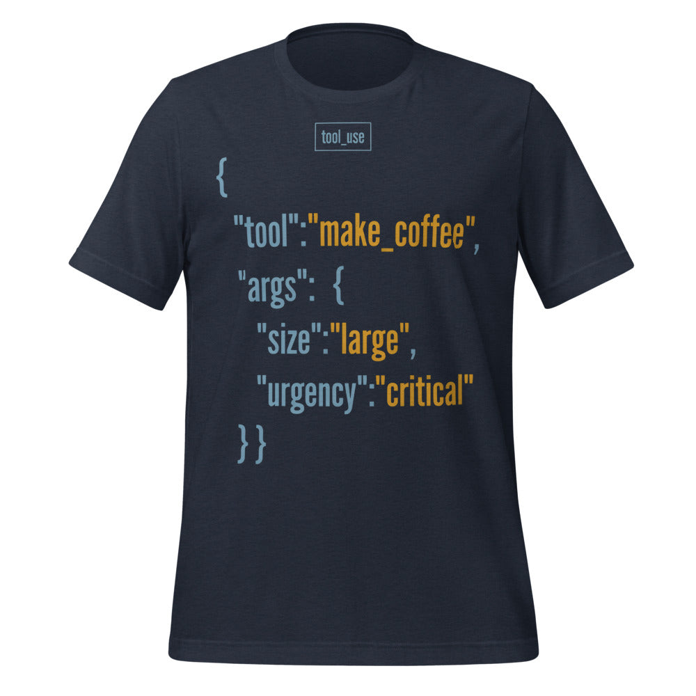 Tool Call Make Coffee AI engineer tee — Heather Navy, front