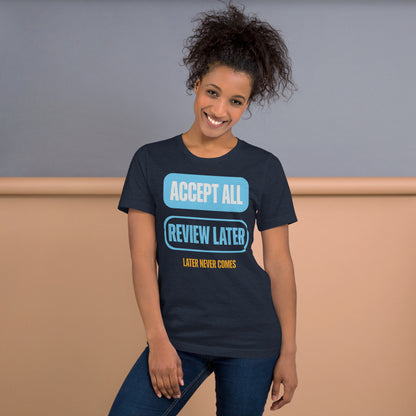 Accept All Review Later tee — Heather Navy, on model