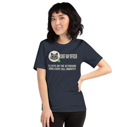 Chief Nap Officer cat profile card unisex t-shirt — Heather Navy, on model
