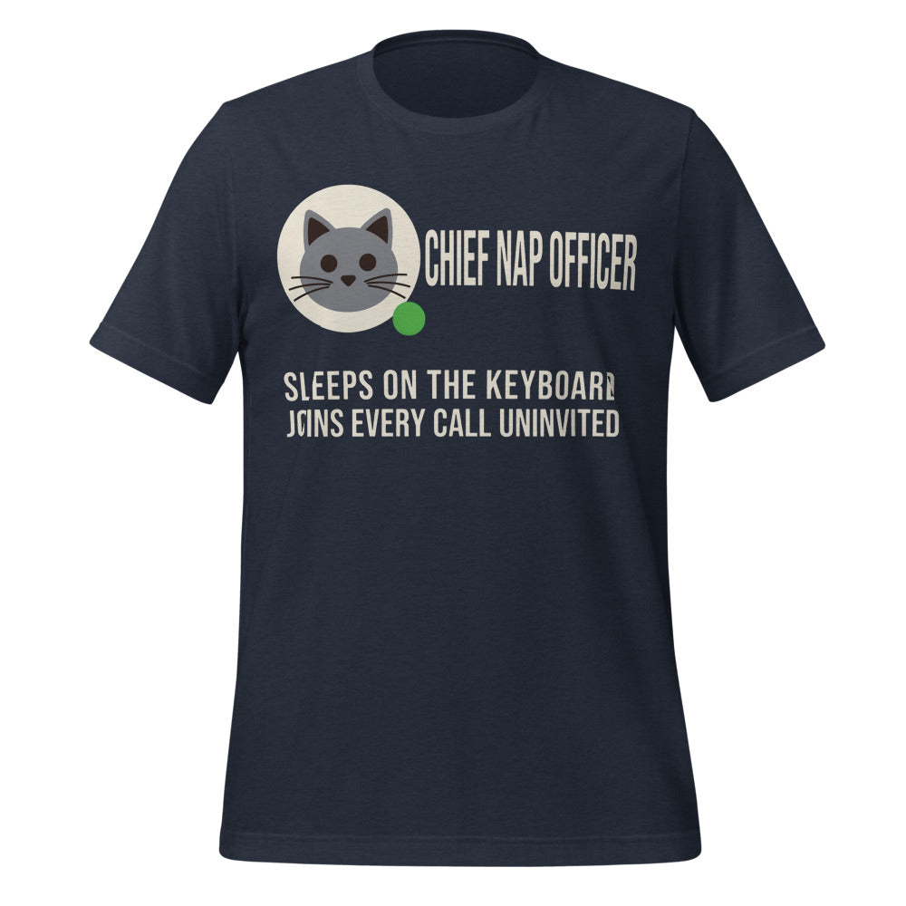 Chief Nap Officer cat profile card unisex t-shirt — Heather Navy, front