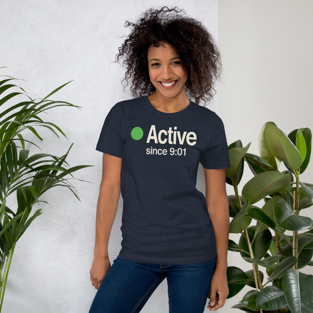 Active Since 9:01 presence status unisex t-shirt — Heather Navy, on model