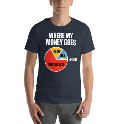 Where My Money Goes funny motorcycle tee — Heather Navy, on model