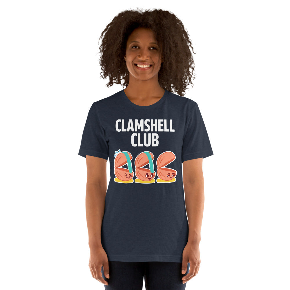 Clamshell Club funny physical therapy tee — Heather Navy, on model