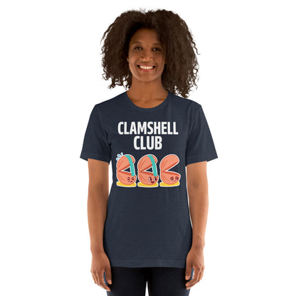 Clamshell Club funny physical therapy tee — Heather Navy, on model