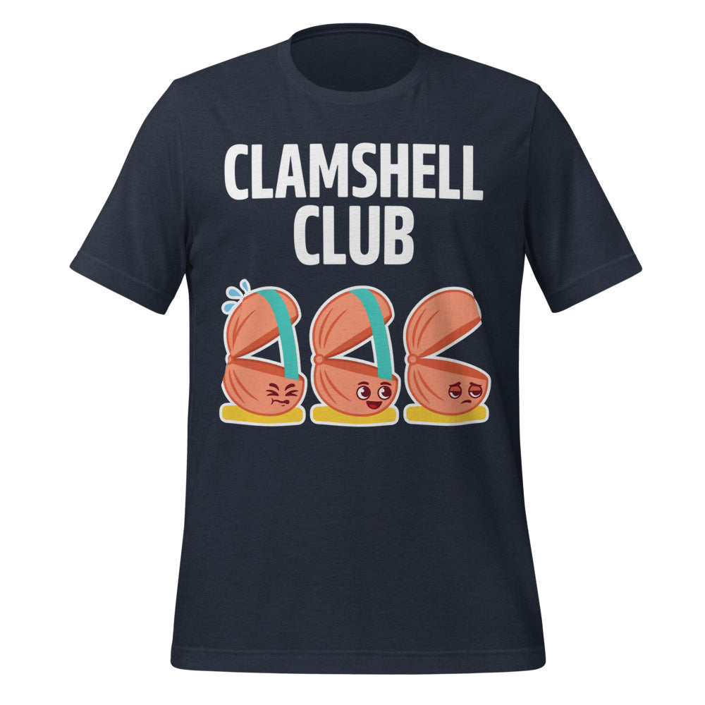 Clamshell Club funny physical therapy tee — Heather Navy, front