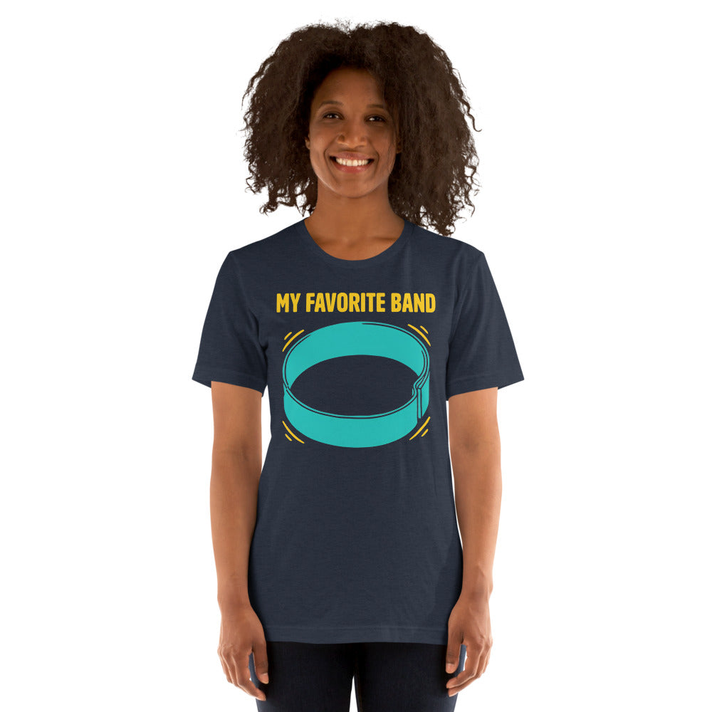 My Favorite Band funny physical therapy tee — Heather Navy, on model
