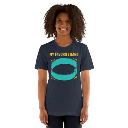 My Favorite Band funny physical therapy tee — Heather Navy, on model