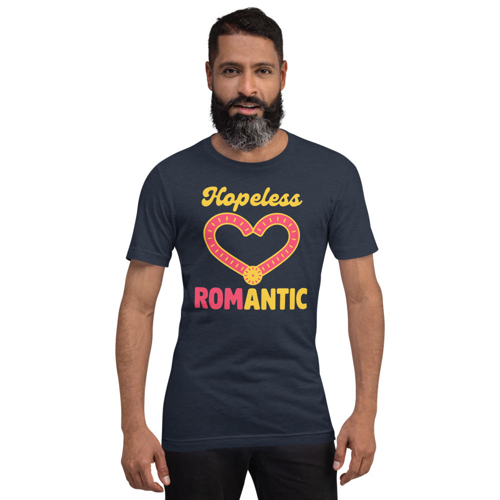 Hopeless ROMantic funny physical therapy tee — Heather Navy, on model
