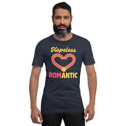 Hopeless ROMantic funny physical therapy tee — Heather Navy, on model