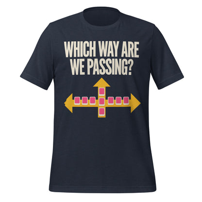 Which Way Are We Passing funny mahjong tee — Heather Navy, front