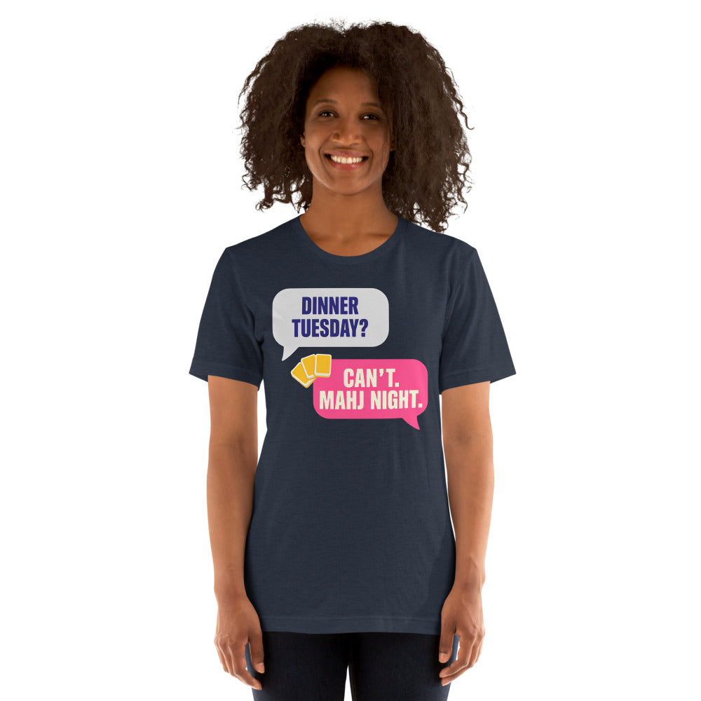 Mahj Night funny mahjong tee — Heather Navy, on model