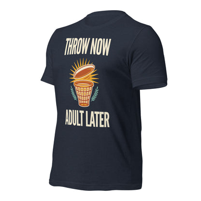 Funny disc golf shirt, Throw Now Adult Later disc golf retro tee — Heather Navy, front-right