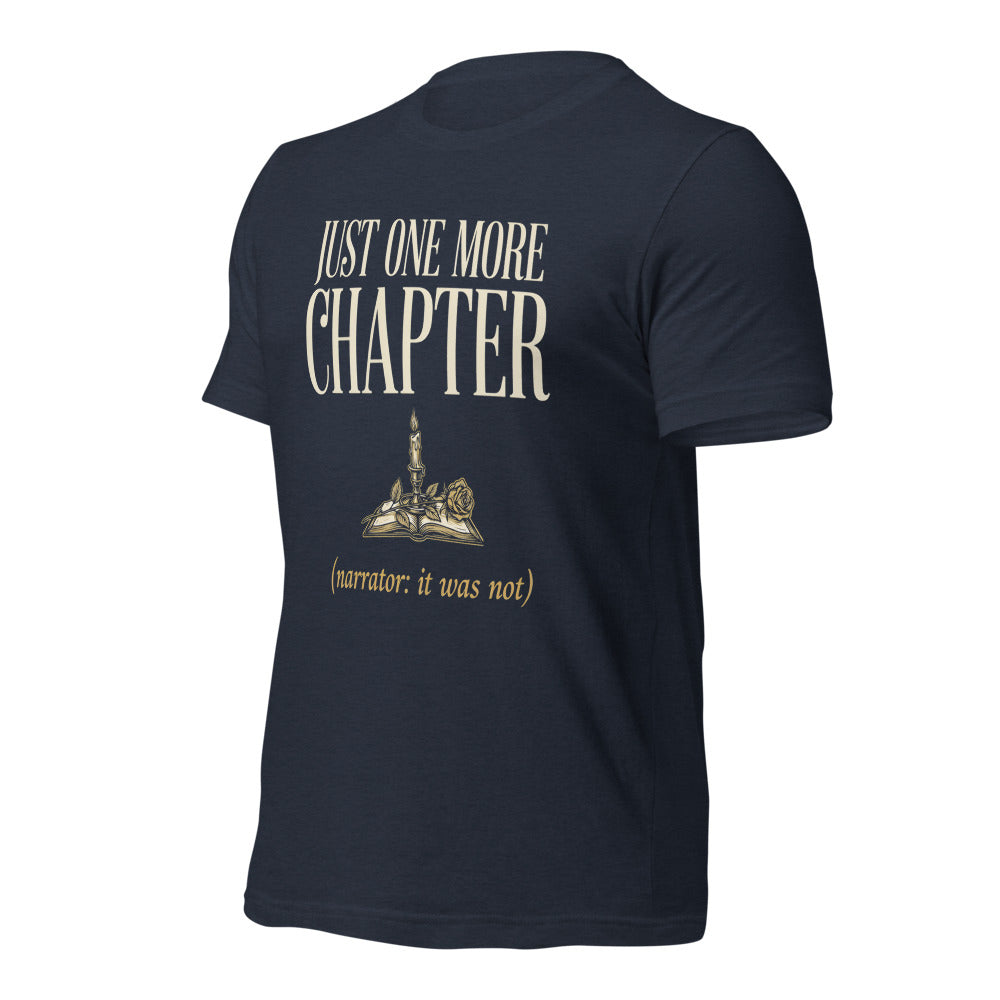 Just One More Chapter book lover dark academia tee — Heather Navy, front right