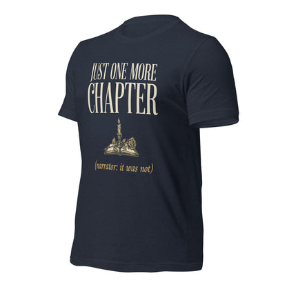 Just One More Chapter book lover dark academia tee — Heather Navy, front right