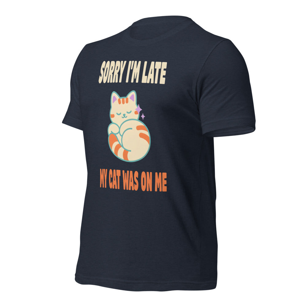 Sorry I'm Late My Cat Was On Me funny cat mom t-shirt — Heather Navy, front-right