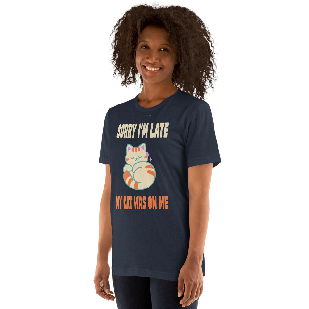 Sorry I'm Late My Cat Was On Me funny cat mom t-shirt — Heather Navy, on model