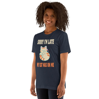 Sorry I'm Late My Cat Was On Me funny cat mom t-shirt — Heather Navy, on model