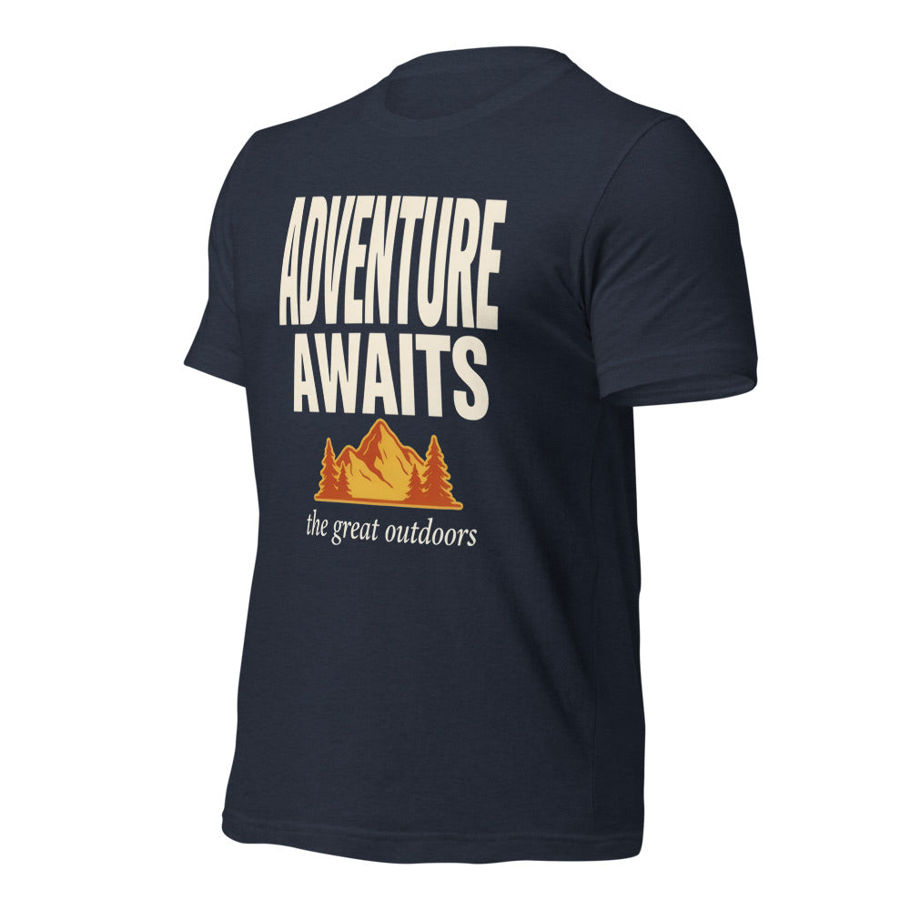 Adventure Awaits retro outdoors typography tee — Heather Navy, front right