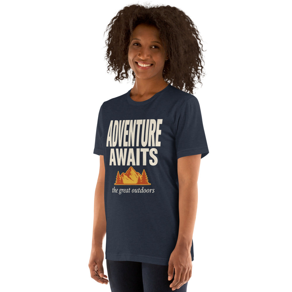 Adventure Awaits retro outdoors typography tee — Heather Navy, on model