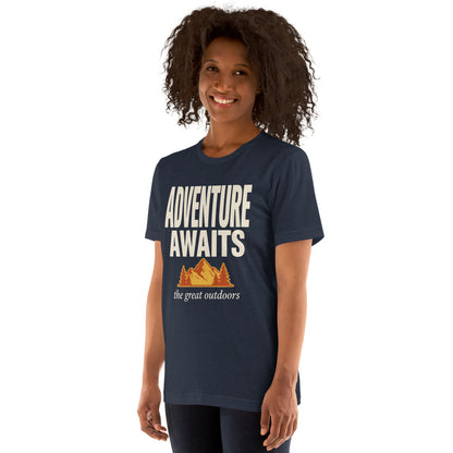 Adventure Awaits retro outdoors typography tee — Heather Navy, on model