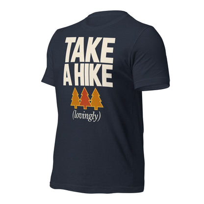 Take a Hike retro outdoors humor typography tee — Heather Navy, front-right