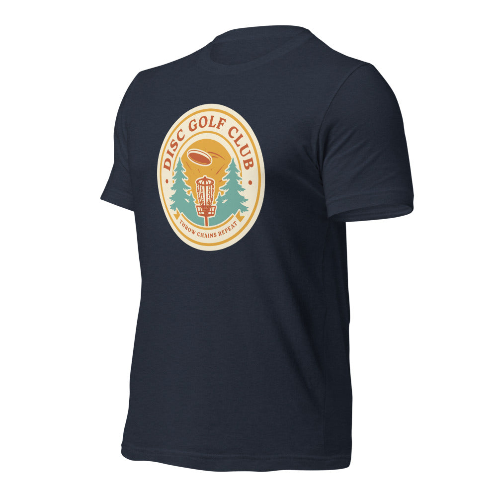 Disc Golf Club retro badge tee — Heather Navy, front-right