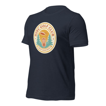 Disc Golf Club retro badge tee — Heather Navy, front-right