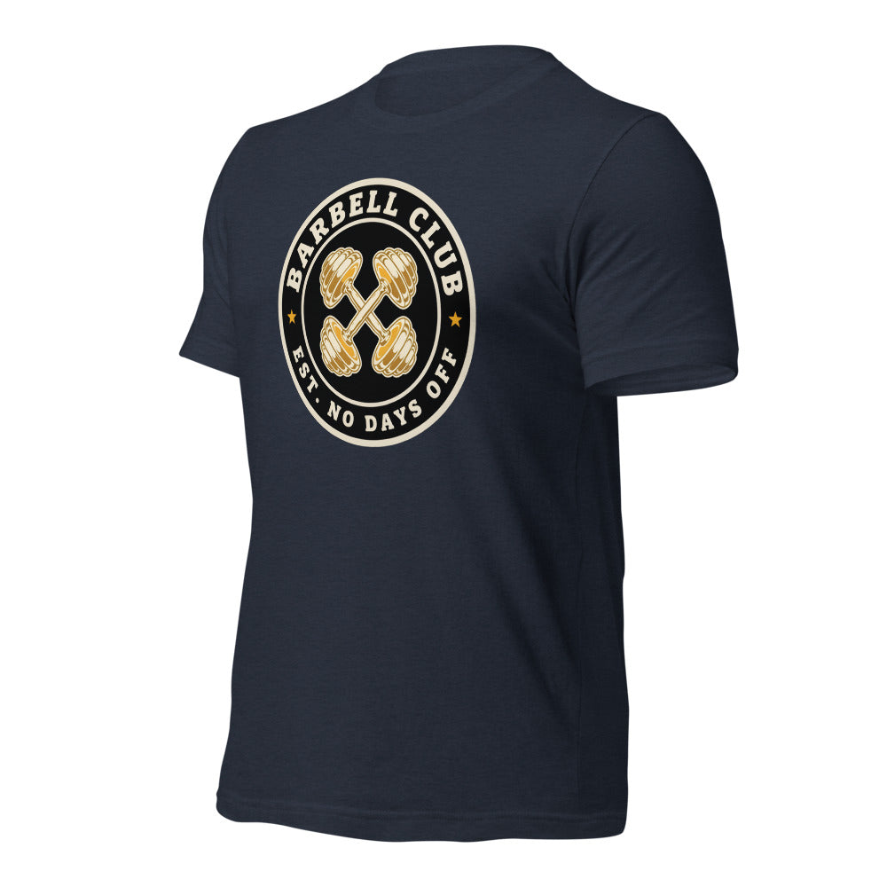 Barbell Club No Days Off vintage gym tee — Heather Navy, front-right